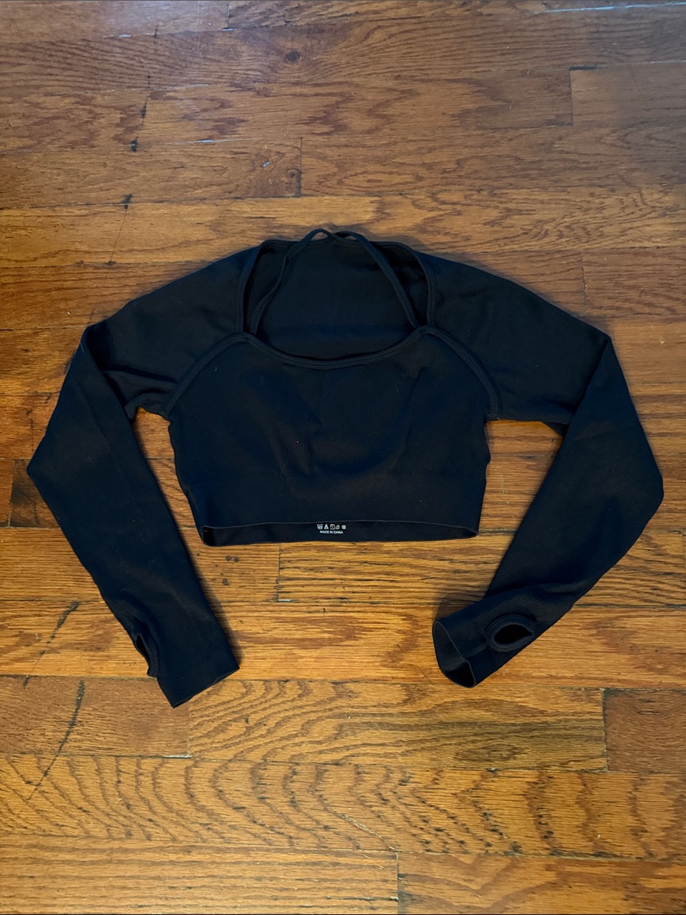 Amazon Black Long Sleeve Cropped Top with Thumb Holes and Strappy Back